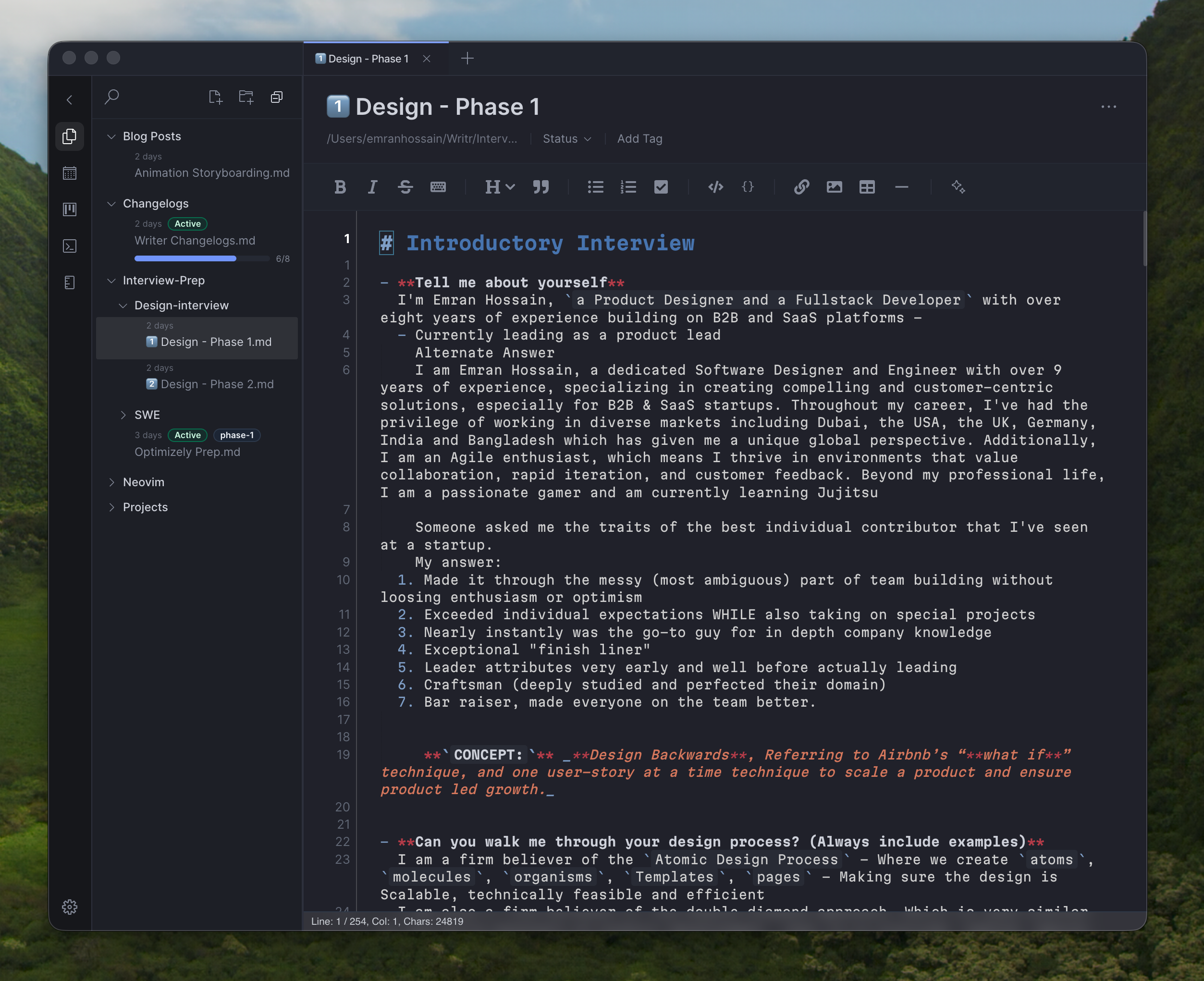 Writer editor showing file explorer and Markdown content
